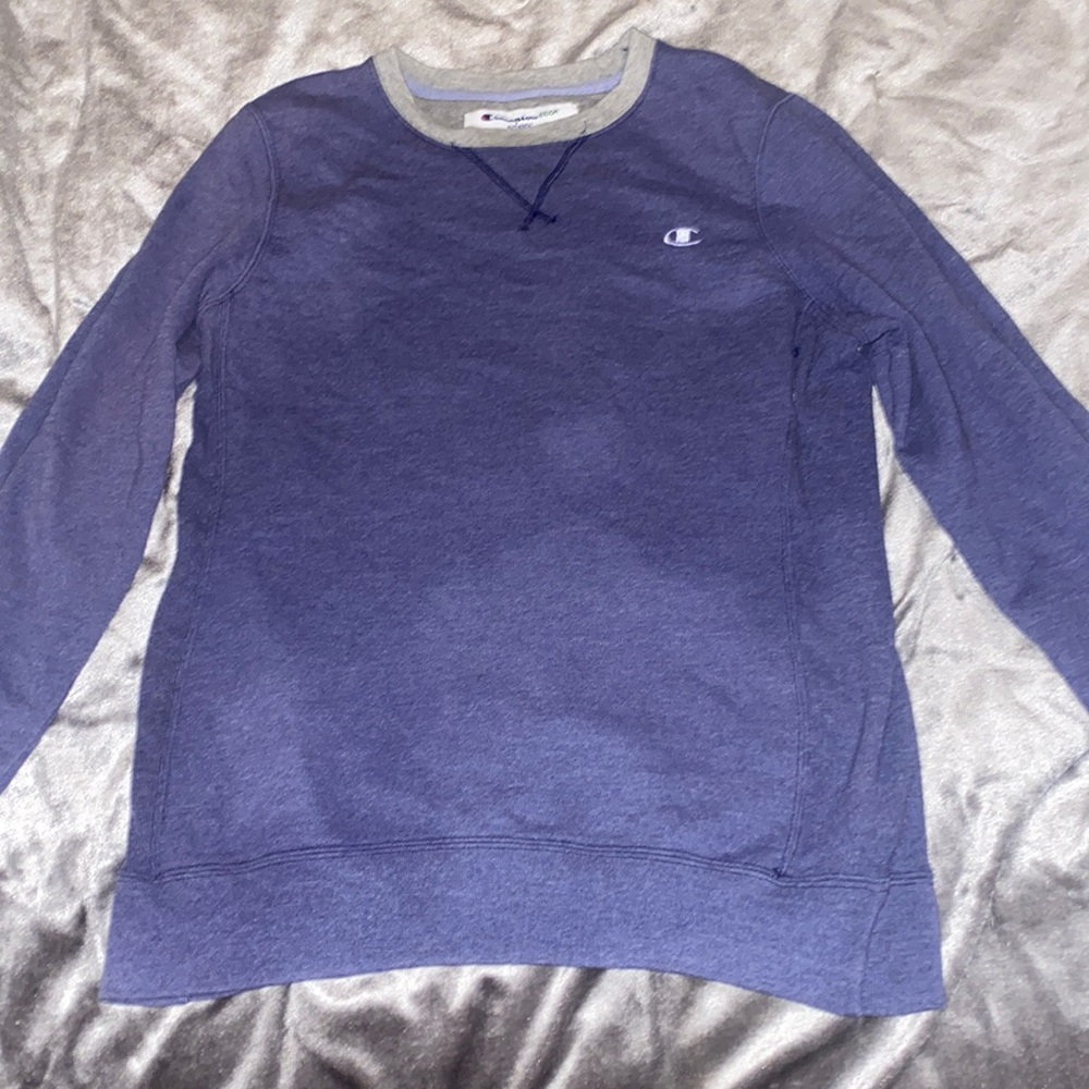 Simple blue Champion crew-neck pullover (not stained just weird lighting)